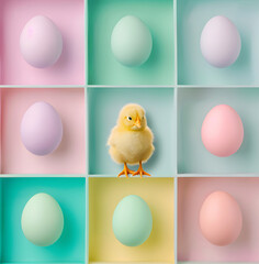 Easter little yellow chicken and pastel colorful eggs, pattern concept.