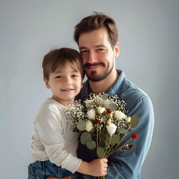 Happy father receiving flowers from son Happy father day celebration background