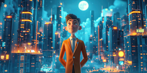 Cartoon man in vibrant orange suit standing in front of illuminated city skyline at night, looking confident and stylish
