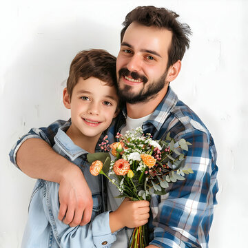 Happy father day greeting background Children giving their father bouquet of flowers