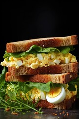 Sandwich with egg and spinach is stacked on top of another sandwich