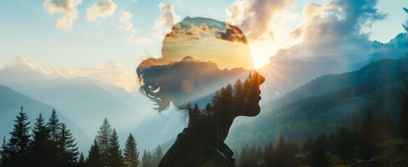 Woman's silhouette blended with sunset mountain vista - obrazy, fototapety, plakaty