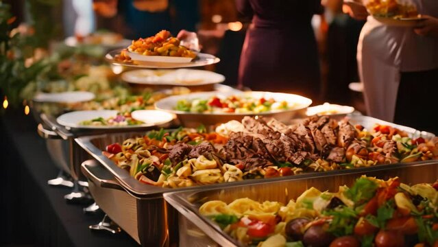 A long line of plates filled with a variety of delectable food options, People group catering buffet food indoor in restaurant, AI Generated