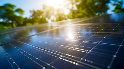 Sun reflection on solar panels with lush green background