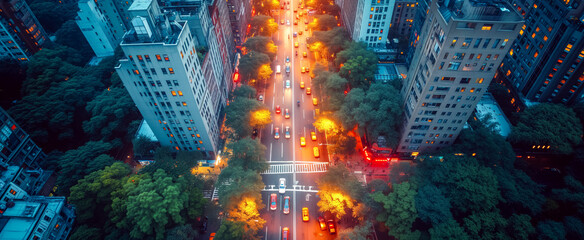 Dusk descends on a vibrant city avenue flanked by trees