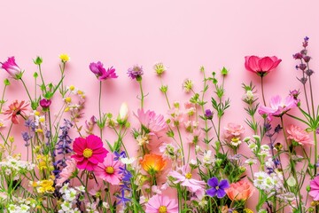 Colorful flower arrangement with pink background