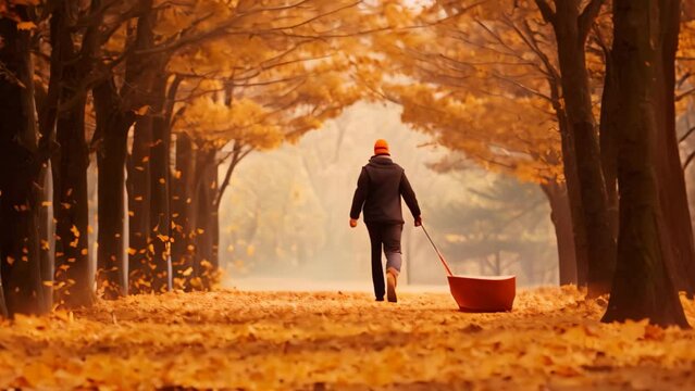A person with a broom walks through a dense forest, surrounded by towering trees and dappled sunlight, Person rake leaves in autumn, AI Generated