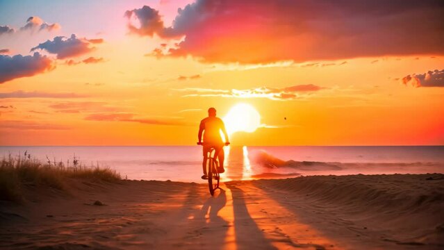 An image of a person energetically cycling on a bike down a scenic dirt road in the countryside., person rides a bicycle during the beautiful sunset, AI Generated