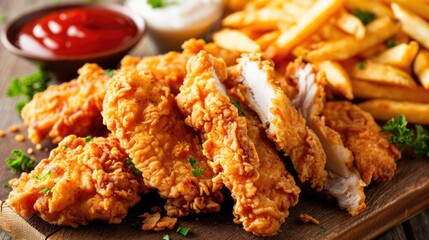 Plate of fried chicken and French fries with dipping sauce