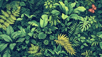 A lush tropical rainforest with a variety of green leaves and a few yellow leaves. A butterfly is perched on one of the leaves. - obrazy, fototapety, plakaty
