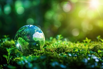Globe is sitting on green mossy field