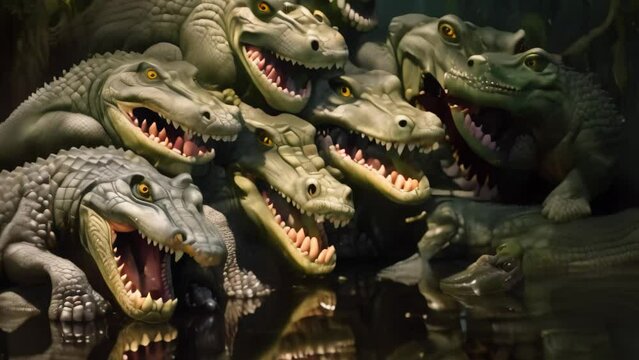A mesmerizing sight of a group of alligators stacked on top of each other, showcasing their unique behavior and incredible strength, Pile of crocodiles, AI Generated