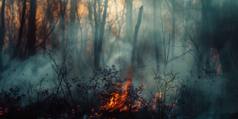 Forest fire is burning in woods - obrazy, fototapety, plakaty