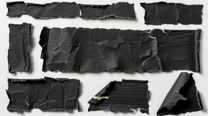 Series of torn pieces of paper, some of which are black