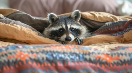 Curious Raccoon Peeking From Under Blanket