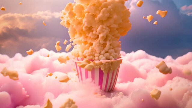 A popcorn box sitting in the middle of a cloud filled with popcorn, creating a whimsical and mouth-watering scene, Pink popcorn in blurry fairy clouds, AI Generated