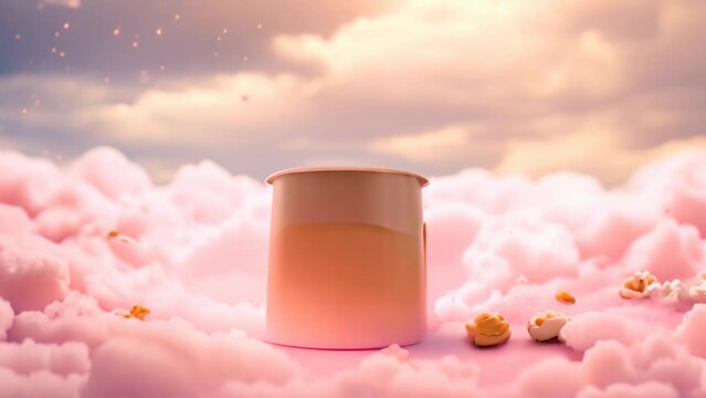 An image capturing a pink bucket filled with popcorn soaring through the sky, Pink popcorn in blurry fairy clouds, AI Generated