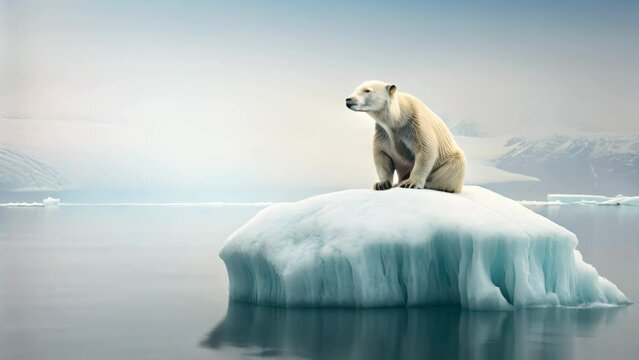 A majestic polar bear takes a break as it sits atop a large iceberg in the crystal-clear waters of the Arctic Ocean, Poignant image of a lonely polar bear on a tiny iceberg, AI Generated
