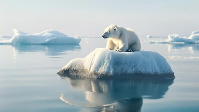 A lone polar bear perched on the peak of an iceberg surrounded by icy waters, showcasing the harsh reality of its Arctic habitat, Poignant image of a lonely polar bear on a tiny iceberg, AI Generated