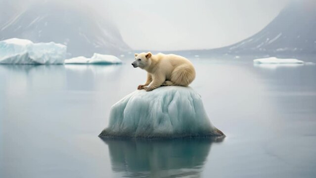A polar bear sitting on an iceberg in the Arctic, showcasing the beauty and harshness of its natural habitat, Poignant image of a lonely polar bear on a tiny iceberg, AI Generated