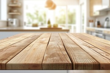 Wooden table with view of kitchen
