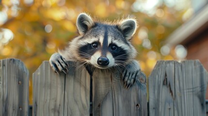 Raccoon Peeking Over Wooden Fence - obrazy, fototapety, plakaty
