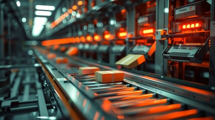 Conveyor Belt in Factory With Orange Lights - obrazy, fototapety, plakaty