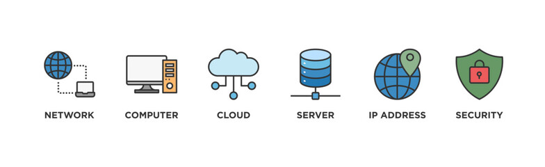 Network technology banner web icon vector illustration concept with icon of network, computer, cloud, server, ip address and security	