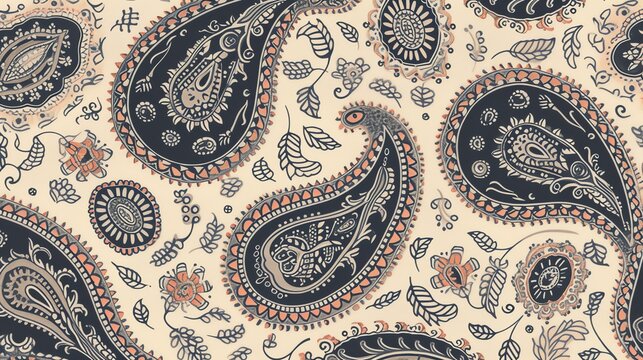 A beautiful and intricate paisley pattern in a blue and orange color scheme.