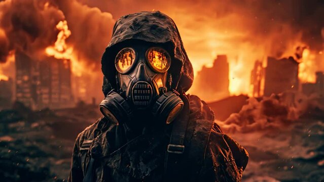 A man wearing a gas mask stands resolute in front of a blazing fire, symbolizing danger and bravery, Post apocalypse, scary apocalyptic scene with person in gas mask and fire, AI Generated
