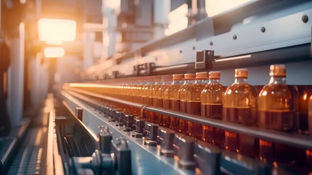 A line of bottles filled with liquid moving on a conveyor belt in a systematic assembly line process, Process of beverage manufacturing on a conveyor belt at a factory, AI Generated