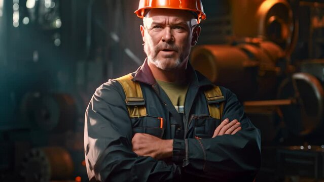 A man wearing a hard hat stands in a factory, confidently holding various tools and equipment, Professional Heavy Industry Engineer Worker Wearing Uniform, AI Generated