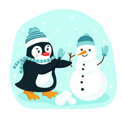 Funny flat penguin in blue hat makes snowman on winter snowy background. Vector hand drawn illustration with winter concept characters. Cartoon image of cute smiling animal for banner or template