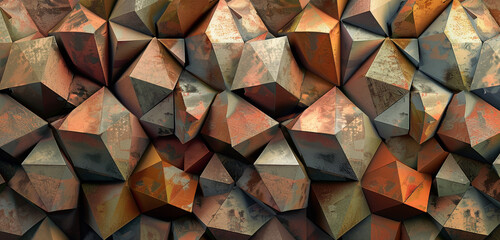Geometric abstract mosaic with warm-toned textured cubes.