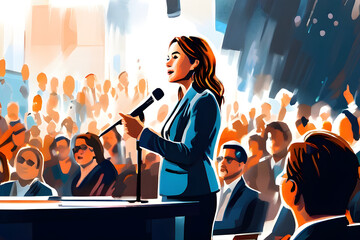 Women politician gives Public Speech Spoken to crowds at election rally, feminism in action illustration - obrazy, fototapety, plakaty