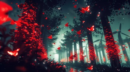 Fototapeta premium a forest filled with lots of red butterflies flying over a forest filled with lots of red butterflies flying over a forest filled with lots of red butterflies.