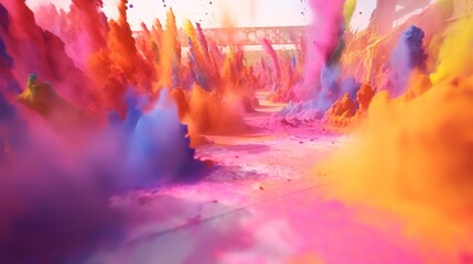Colorful paint explosion in factory. Abstract background. 3D rendering.