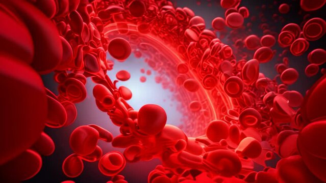 A cluster of red blood cells moving through a vein, transporting oxygen throughout the body, Red blood cells arterial blood stream health biology, AI Generated