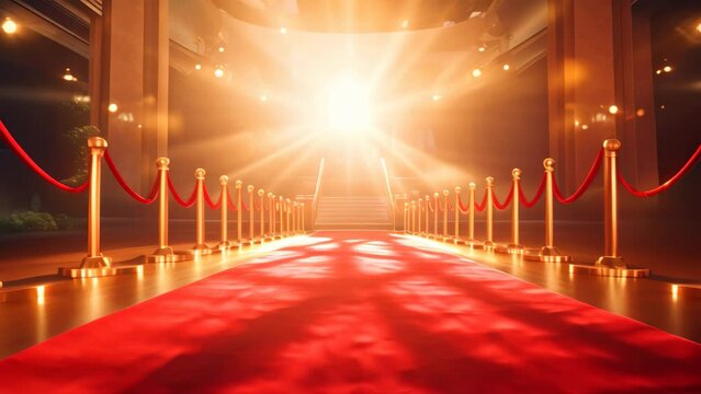 A red carpet with gold poles lays out a path for arrivals at a VIP event, exuding elegance and luxury, Red carpet rolling out in front of glamorous movie premiere background, AI Generated
