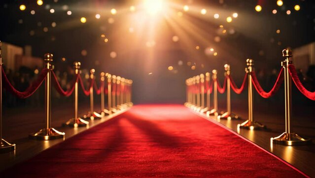 A vibrant red carpet with elegant gold barriers and ropes, creating a grand entrance setup for a special occasion, Red carpet rolling out in front of glamorous movie premiere background, AI Generated