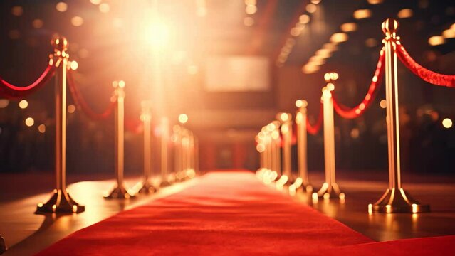 An image showing a red carpet set up with barriers and ropes, creating an exclusive path for a formal event, Red carpet rolling out in front of glamorous movie premiere background, AI Generated