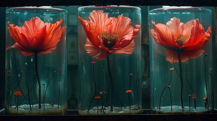 three glass vases filled with red flowers on top of a blue counter top next to other glass vases with red flowers in them.