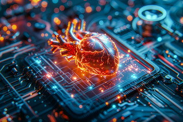 Fototapeta premium A glowing, stylized human heart over a blue circuit board with intricate electronics