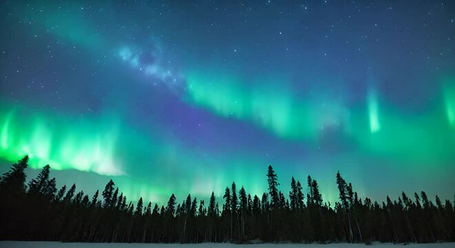 Ethereal image depicting the aurora borealis illuminating the starry night sky above a silhouette of pines Video