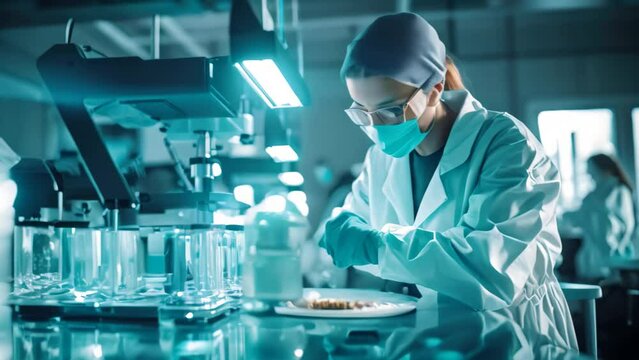 Woman in White Lab Coat Operating Machine for Scientific Research and Development, Researcher in a protective mask working in a laboratory of a research institute, AI Generated