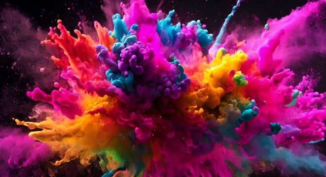 Explosion of bright colorful paint on black background burst of multicolored powder abstract pattern of colored dust splash Video