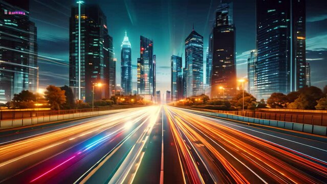 Captivating long exposure photograph showcasing the vibrant city lights amidst the darkness of the night, road in city with skyscrapers and car traffic light trails, AI Generated