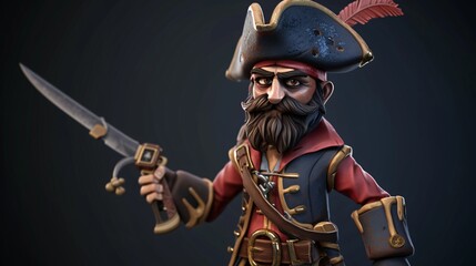 A 3D rendering of a cartoon pirate. He is wearing a blue coat with gold buttons and a red sash.