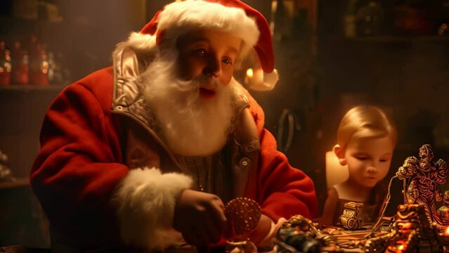 Little Boy and Santa Claus Standing Together, Santa Claus and his tiny worker elves in the workshop, North Pole, Movie style, Cinematic lighting dramatic action, Fun emotion, AI Generated