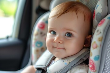 Protective Baby sitting in safety car seat. Safe auto toddler transportation place. Generate ai